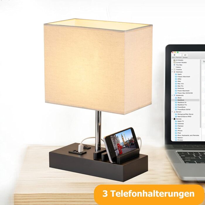 Настільна лампа Dreamholder з 3 USB-портами (A+C), підставкою для телефону, для спальні, вітальні, офісу, з натуральним дерев'яним цоколем та тканинним абажуром (чорний цоколь)