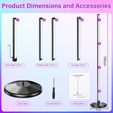 LED торшер для вітальні 145 см RGB, диммування, керування пультом/APP, 16 млн кольорів, 300 режимів, музичний режим, DIY, чорний