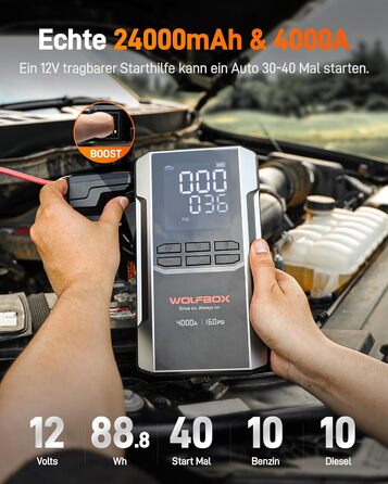 WOLFBOX 4000A: Портативний пусковий пристрій з компресором 160PSI, 12V, 65W, 88.8Wh для бензинових/дизельних двигунів, LED-ліхтар, кабелі для підключення
