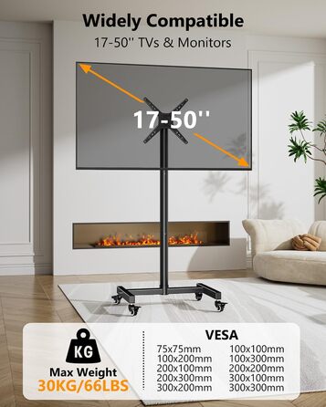 Підставка для телевізора WHYFONE на коліщатках, поворотна 180°, для телевізорів та моніторів 17-50 дюймів, мобільна, регульована висота, VESA до 300x300 мм, до 30 кг