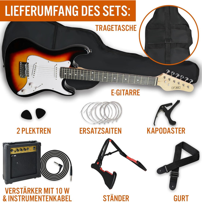 Електрогітара 3/4 розміру 3rd Avenue XF Ultimate Kit з підсилювачем 10W, тюнером, кабелем, стійкою, чохлом, ременем, запасними струнами, медіаторами та каподастром - початковий набір