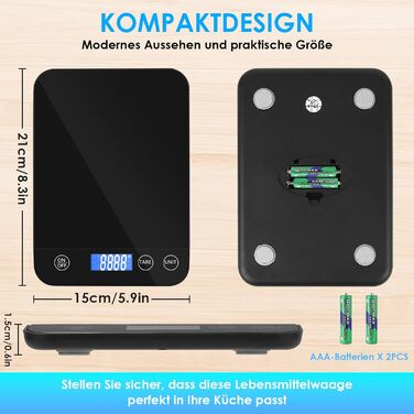 Кухонні ваги Gaethra: цифрові, 15 кг, точність 1 г, з функцією тарування, для продуктів, з батарейками