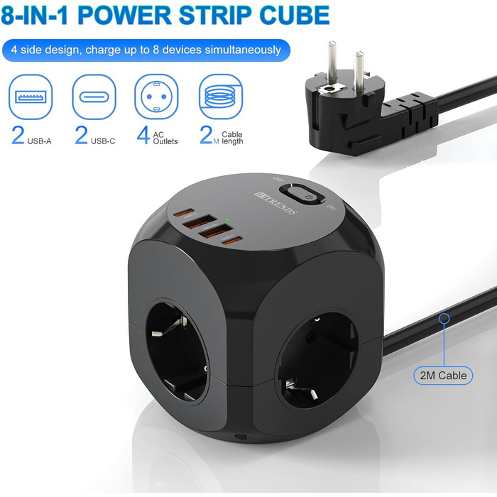 Розподільник розеток з USB-C, 4 розетки, плоский штекер, індивідуальне вмикання, куб з кабелем 2м для офісу, дому, подорожей - білий