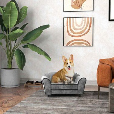 Диван для домашніх тварин PawHut: м'який, з підлокітником, з голландського велюру, сірий, 74 x 41 x 32,5 см