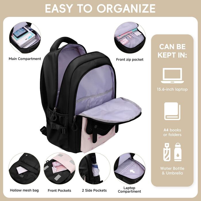 Шкільний рюкзак для дівчаток-підлітків, 2025, великий, для гімназії, старшої школи, 30L (чорний)