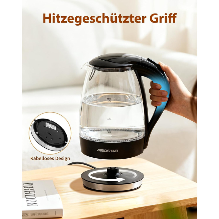 Електричний чайник Aigostar Adam, 1.7 л, 2200 Вт, LED, скло, без BPA, з фільтром від накипу, чорний