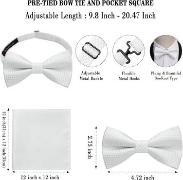 Краватка-метелик чоловіча Enlision з кишеньковим хустинкою - комплект для весілля, свят, до костюма. Білий колір.