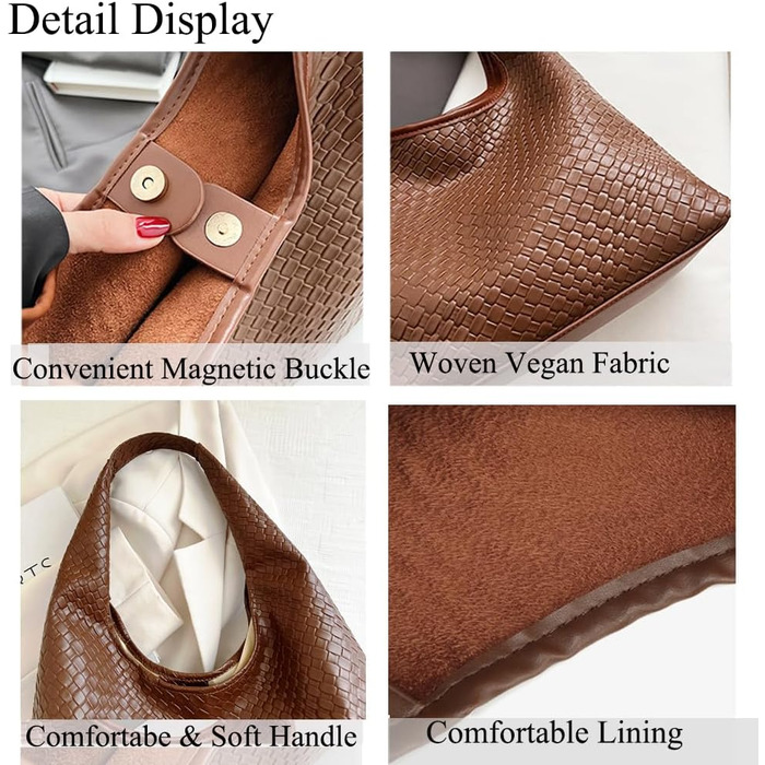 Жіноча сумка-хобо з екошкіри, велика місткість, плечова сумка з ручкою (коричнева)