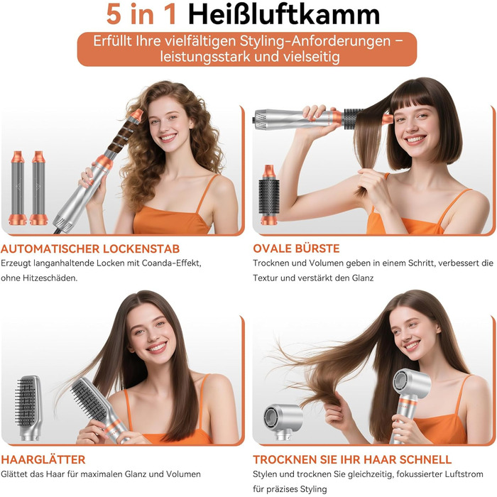 Фен-щітка Air Styler 5-в-1: стайлер, локони, об'єм, сушка, випрямлення. Потужність 800W, для жінок, помаранчевий колір
