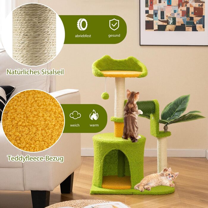 Дряпальня для котів COSTWAY 97 см з печерою та лежанками, кігтеточка з сизалевого мотузка та дерев'яною основою, зелено-бежева