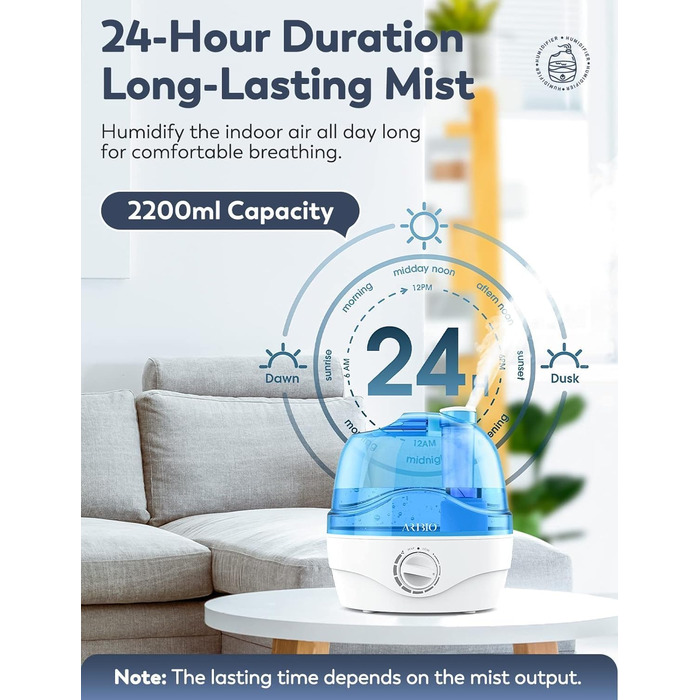 Зволожувач повітря 2.2L для спальні з обертовою насадкою 360°, тихий 28dB, автовимкнення, до 24 годин роботи, легкий у чищенні, для кімнати, дитячої кімнати, рослин