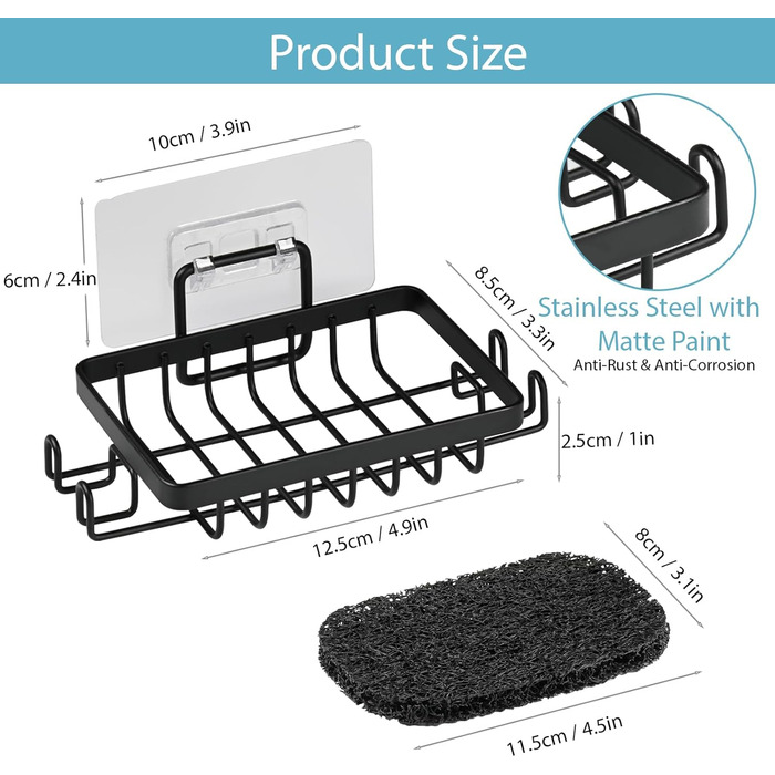 Набір з 2 штук тримач для мила з нержавіючої сталі 304, для душу, ванної кімнати та кухні, настінний, без свердління, самоклеючий з гачком та підставкою для мила (Чорний)