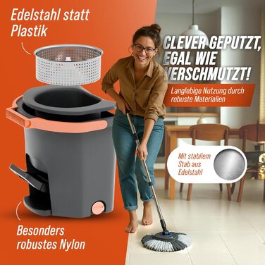 Набір для миття підлоги CLENOVA® з відром [розділення брудної води], моп з педальним віджимом & 2 мікрофібровими насадками – підходить для всіх типів підлоги (темно-сірий)