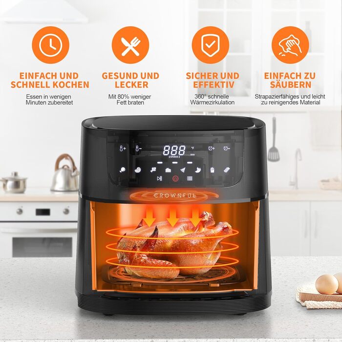 Електрична аерофритюрниця CROWNFUL 6,2 л XXL, 8-в-1, без олії, з LCD-екраном, антипригарний кошик, точне регулювання температури