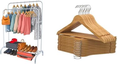 Підвісна штанга PORTENTUM для одягу зі сталі – до 35 кг, з подвійною перекладиною та полицею для взуття – стабільна, з антиковзними ніжками – захисні кінцеві ковпачки – швидкий монтаж. Без вішалок (Білий, з 20 дерев'яними вішалками)