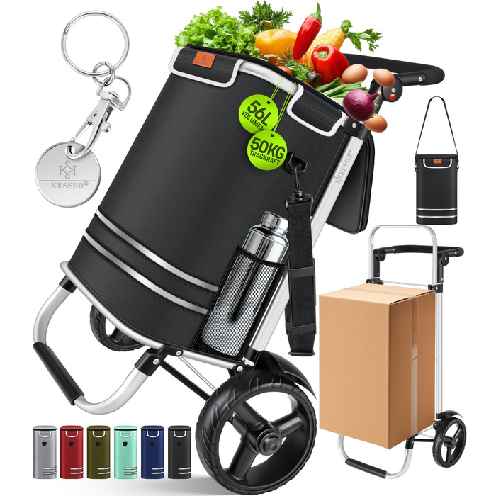 Кесер® Розкладний візок для покупок 56л з вантажопідйомністю до 50кг | 3в1 візок-мішок-сумка через плече | Розкладний візок з ізольованим відділенням та органайзером | Сходинки для підйому сходами, чорний