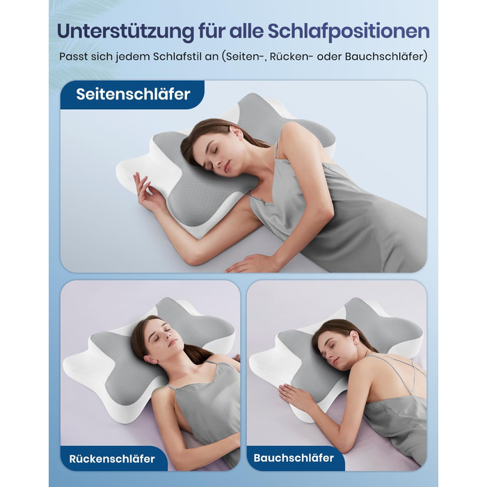 Подушка для шиї DONAMA з піни Memory Foam: ергономічна, з підлокітниками, охолоджуюча, 6 зон підтримки, для сну в будь-якій позі (сіро-біла, 66x37x13 см)