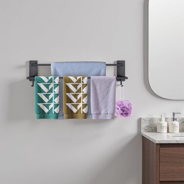 Тримач для рушників без свердління, 60 см, самоклеючий, з гачками, нержавіюча сталь, вологостійкий, для ванної кімнати та кухні (Чорний, 40 см)