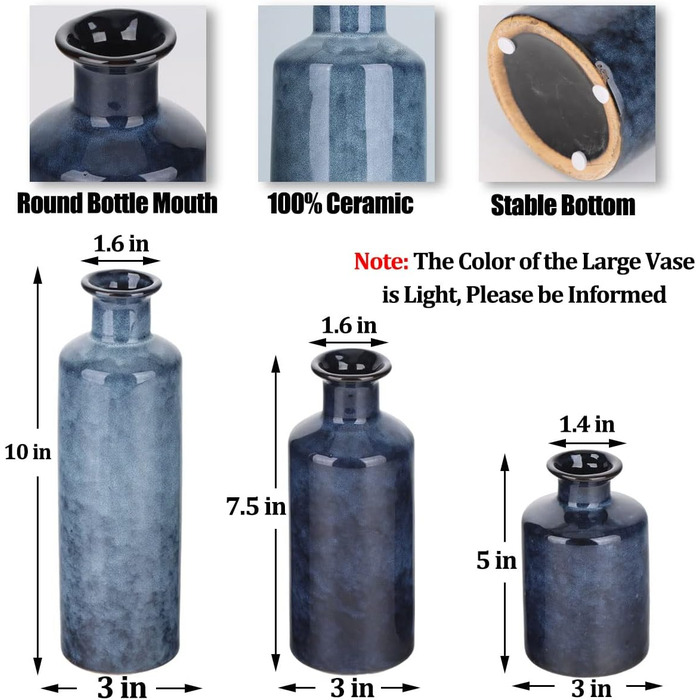 Набір керамічних ваз блакитного кольору – 3 шт. Вази у стилі фермерського будинку, декор для дому, вітальні, столу, каміну та входу
