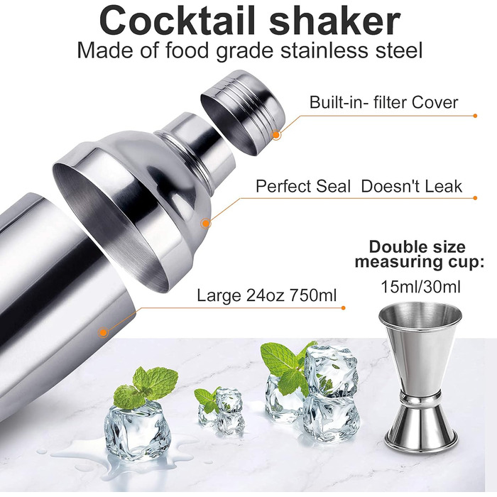 Cocktail Shaker Set, Stainless Steel Cocktail Set, 14-Piece Bartender Kit Bar Accessories, Cocktail Mixer Set with Wooden Stand, 750ML Cocktail Gift Set for Home or the Bar.