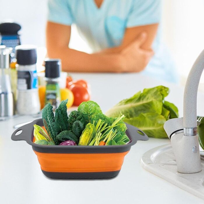 Ситечко для кухні складне, сито для зливання з нержавіючої сталі та силікону, 2 розміри (24.5+29.2 см), помаранчеве