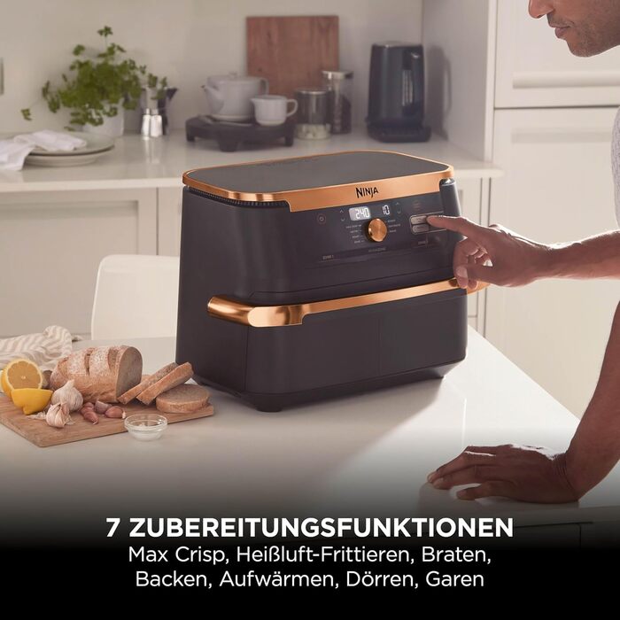 Ninja Foodi FlexDrawer Dual Zone Фритюрниця з гарячим повітрям 10.4л, чорно-мідна AF500EUCP - мультипекарка 7-в-1 з антипригарним покриттям