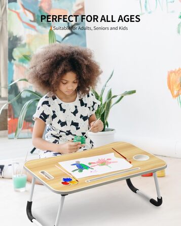 Складаний столик для ноутбука, портативний столик на колінах, приліжковий столик, підставка для ноутбука з тримачем для напоїв та слотом для планшета (Рожевий, Дерево)