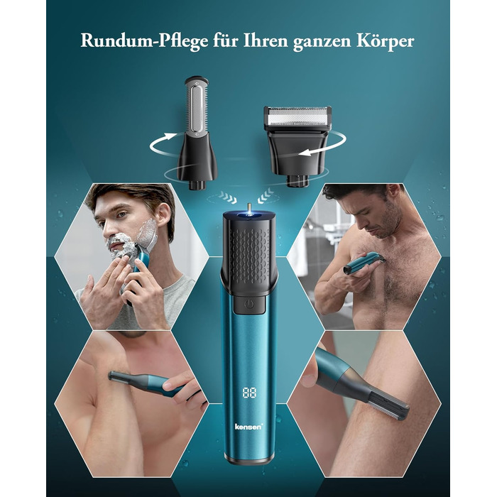 Триммер для тіла Kensen 2-в-1 для чоловіків: для особистої гігієни, тіла, обличчя. З насадкою, для сухого та вологого гоління, USB-C, зелений