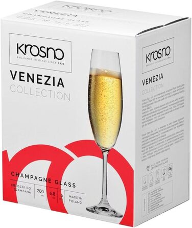 Krosno Champagne Flutes | Set of 6 | 200 ML | Venezia Collection | Perfect for Home, Restaurants, and Parties | Dishwasher Safe