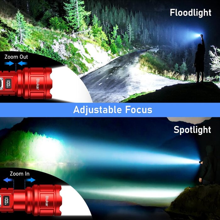 LED ліхтарик Blukar: перезарядна модель, екстремально яскравий, з функцією зуму, 5 режимів, водонепроникний IP67, для кемпінгу та надзвичайних ситуацій (червоний)