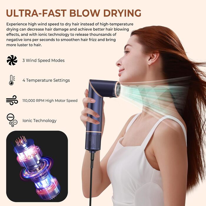 Фен-щітка Air Styler 7 в 1: іонізація, складний, 110,000 обертів, для укладання, локонів, випрямлення, блакитний