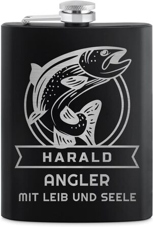 Набір Maverton Flachmann Set: фляга 200 мл з гравіюванням + 4 стаканчики 20 мл з воронкою, чорний матовий, з зображенням риби