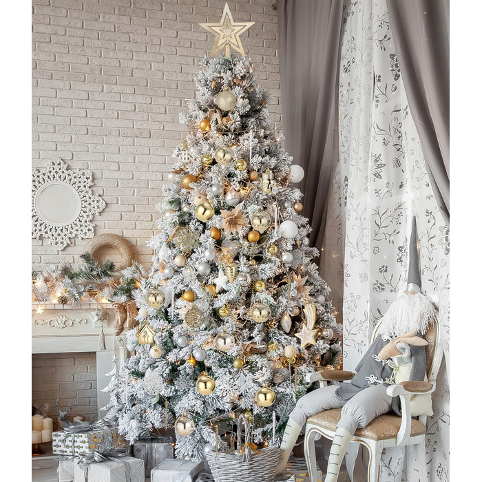 121 шт. прикрас для ялинки золотого та білого кольору, набір, пластик, зірка на верхівку, декор для ялинки, Новий рік, свята