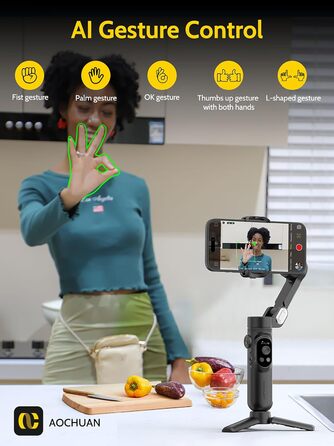 Стабілізатор для смартфона AOCHUAN 3-осьовий з функцією розпізнавання обличчя, вбудованим світлом та 1/4 дюйма різьбою. Підходить для iPhone 16/15 Pro, Android, TikTok-влогів. Чорний.