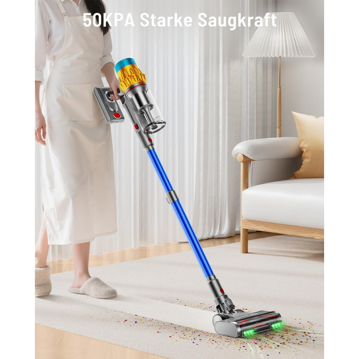 Бездротовий акумуляторний пилосос 600W з потужністю всмоктування 50KPA, 70 хвилин роботи, великий пилозбірник 1,8L, антизаплутана щітка, 8-рівнева фільтрація, підходить для твердих поверхонь, килимів та шерсті тварин, колір - блакитний