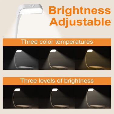 LED лампа для читання з кліпсою, USB перезаряджувана, 3 режими яскравості та колірної температури, гнучка на 360°, біла