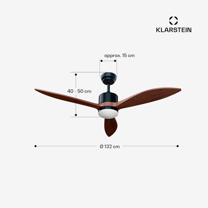 Стельовий вентилятор Klarstein SkyBreeze з підсвічуванням та дистанційним керуванням, для вулиці (IP44), 6 швидкостей, димування, 132 см, колір горіх, Smart