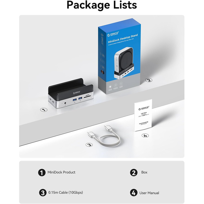 ORICO MiniDock: Док-станція та підставка для Mac mini M4/M4 Pro з корпусом для NVMe SSD, хаб USB-C з 4K HDMI, DisplayPort, SD/TF 3.0, USB-C/A 10Gbps, PD 100W - VS10 (6-in-1, 2TB)