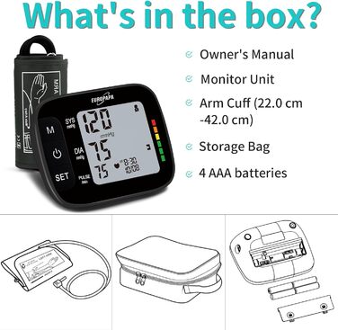 Тонометр EUROPAPA на плече для дому, вимірювання пульсу та артеріального тиску, велика манжета (22-42 см), 2 * 60 пам'ять, для 2 користувачів (чорний)