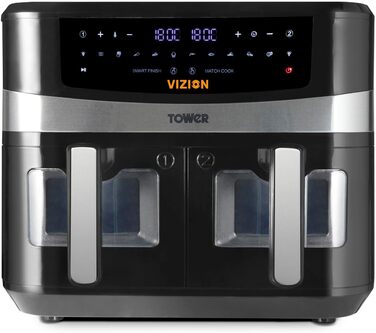 Фритюрниця Tower T17100 Vortx Vizion 9 л з двома кошиками, цифровим управлінням і 10 автоматичними програмами, чорна, аерофритюрниця з подвійним кошиком