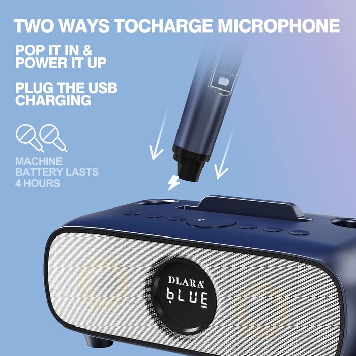 Караоке-машина DLARA Upgrade з Bluetooth, USB, TF-карткою та мікрофоном, портативна, для дорослих та дітей, з підставкою, AUX-in, PA-системою, блакитна Pro