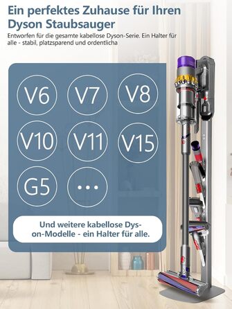 Тримач для пилососа Dyson Wandhalterung з зарядною станцією для V8–V15 та Gen5 – стабільний тримач для акумуляторного пилососа з органайзером для аксесуарів, щіток та кабелів (срібний)