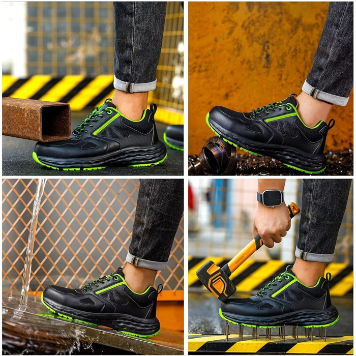 Черевики безпеки ISOOUS для чоловіків та жінок. Легкі, дихаючі, антиковзкі кросівки з пластиковим носком. Ідеально підходять для кухні, спорту. Розмір 47 EU, чорний/зелений.