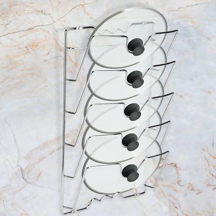 Wakects Pot Lid Holder Wall Mounted, Hanging Kitchen Lid Organizer, Vertical Stainless Steel Lid Rack, Holds 5 Lids, Metal Pot Holder, for Pots and Cookware, 43.4 x 27.8 x 9.7 cm