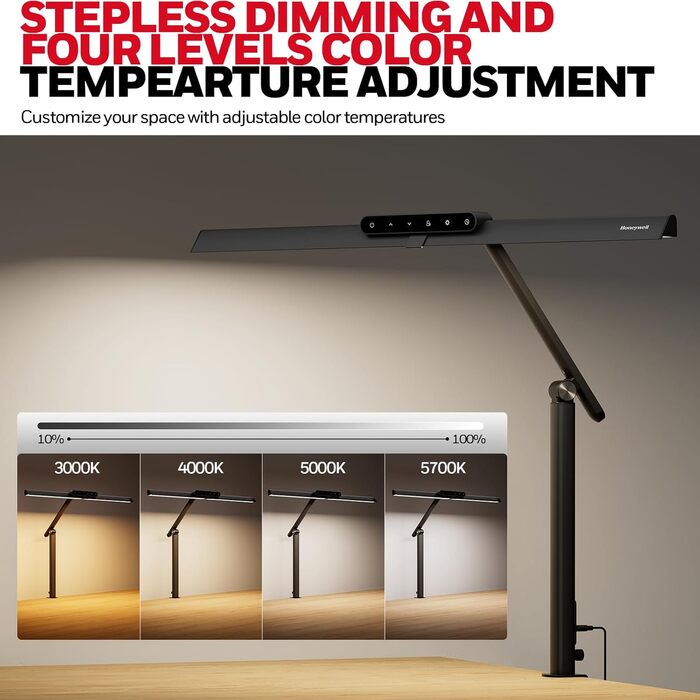 LED лампа для столу Honeywell HJ1 Sunturalux™ - регульована, для офісу та дому, з кріпленням, чорна