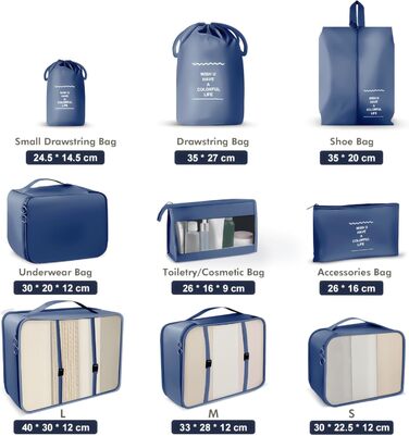 Органайзер для валізи OBSGUMU, набір 9 шт. - Packing Cubes для подорожей, косметичка, валізні органайзери (Marineblau)