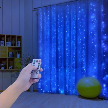 Лямпас світлодіодний Yizhet 3x3м, 300 LED, тепле біле світло, IP65, 8 режимів, для декору вечірки, свята, Нового року, тераси (блакитний)