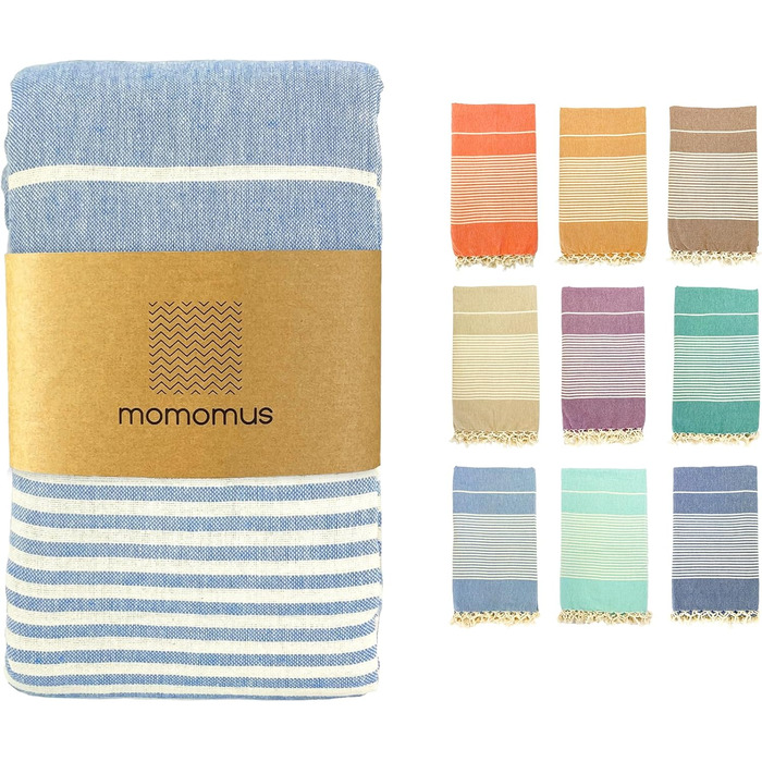 Великий пляжний рушник MOMOMUS Fouta XXL 200x200 см з бахромою, бавовна, блакитний