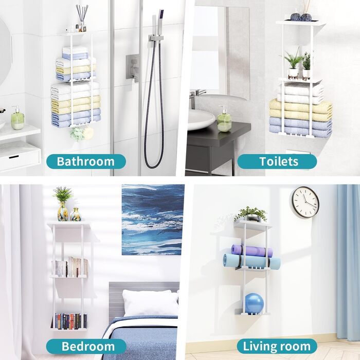 Тримач для рушників без свердління, настінний, з 6 гачками та полицею для ванної кімнати/кухні, матовий, для гостей, білий