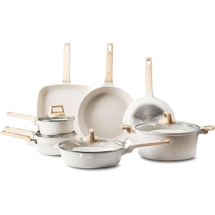 Набір посуду VEVOR індукційний 19 предметів з кришками, антипригарне покриття, для кухні, кемпінгу, приготування соусів (білий)